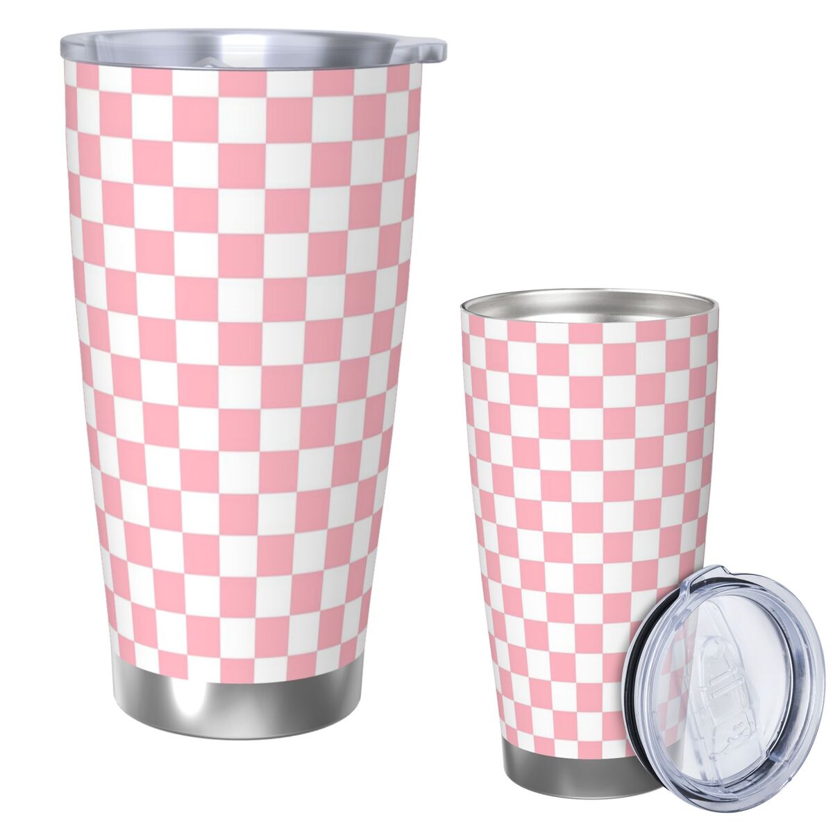Tumbler 20Oz White - 핑크 화이트 체커보드 패턴 스테인리스 스틸